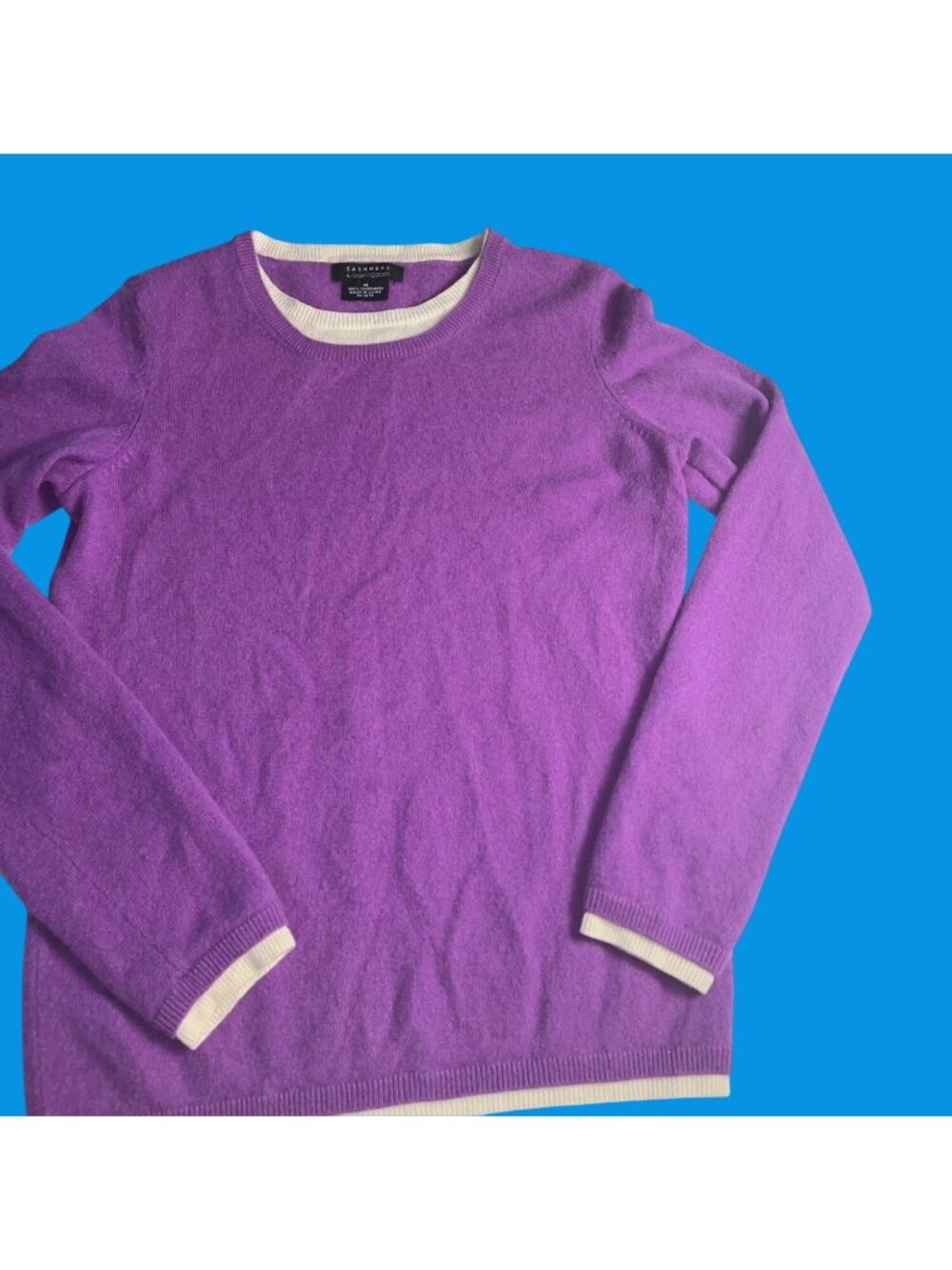 Cashmere By Bloomingdales 100% Cashmere Purple Crewneck Sweater Layered Trim S